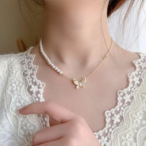 Origin Summer Elegant Cubic Zircon Pearl Butterfly Pendant Necklace for Women French Asymmetry Necklace Jewelry Accessories