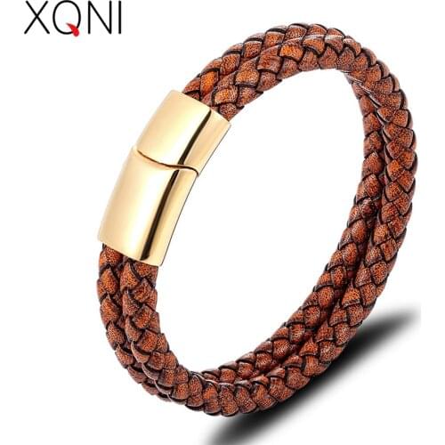 XQNI Promotional Multi-layer Mens Leather Bracelet Hand-knitted Stainless Steel Accessories For Young Boy Commemorative Gift