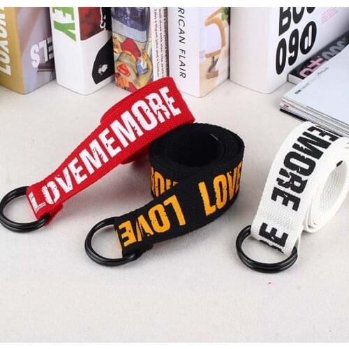 Women Harajuku Belt Red Letter Printed Fashion Unisex Double D Ring Canvas Strap Female Long Belts for Jeans