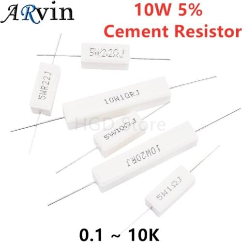 10pcs 10W 5% Cement Resistor Power Resistance 0.1 ~ 10K 0.1R 0.5R 10R 50R 0.22 0.33 0.5 1 2 5 8 10 15 20 25 30 100 1K 2K 3K ohm