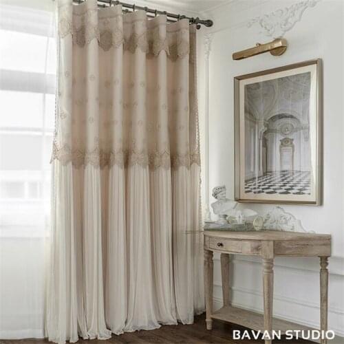 Luxury Blackout Curtains White Lace Embroidery Tulle Curtains Beige Fabric Curtains Double Layer Window Curtains for Living Room