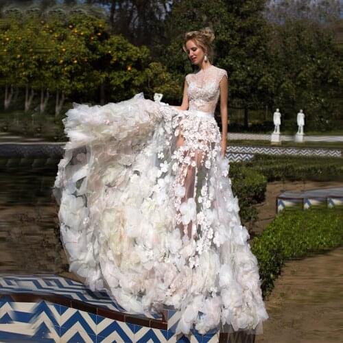 Sexy Illusion O-neck Cap Sleeves Handmade Flower Lace Crystal Wedding Dresses With Sashes vestido de noiva 2020 Bride Dress