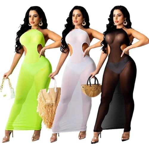 Sexy Halter Cut out Mesh Dress Club Party Wear Women See Through Backless Long Dresses Summer Bodycon Evening 2021 Clothing