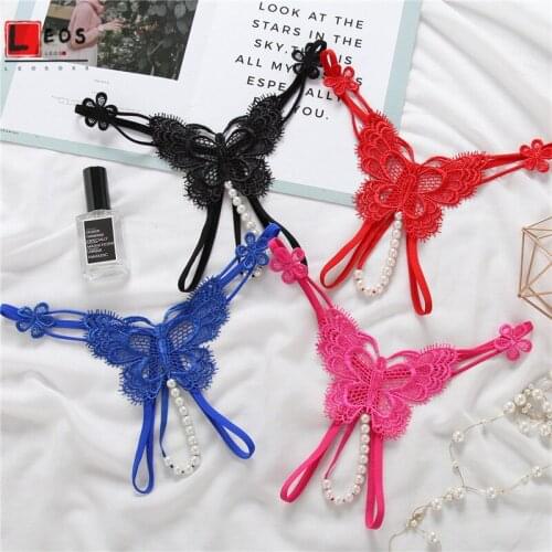 Sexy Panties Beaded Embroidery Butterfly Thong for Ladies Low Waist Hollow Out Temptation Underwear Open Slit Women G-String