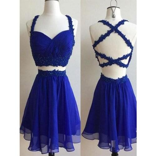 Sexy Chiffon Short A-Line Royal Blue Beaded Homecoming Dresses Knee Length Criss Cross Back Lace Graduation Dress for Juniors