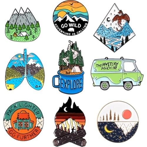 Go wild! Travel vacation jungle picnic forest big mountain lake mysterious bus coffee cup lapel pin outdoor gift brooch jewelry