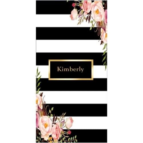 Stylish Elegant Black White Striped Floral Shower Face Bath Towel Gold Personalized Name Beach Travel Towel for Women Chic Gift