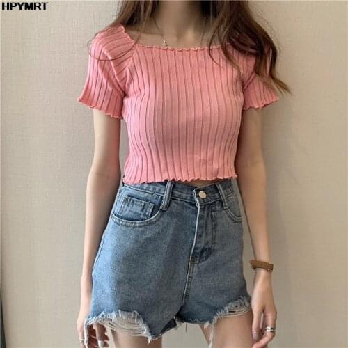 Knitting Women Off Shoulder T-shirt High Elastic Short Sleeve Crop Tops For T Shirt Women Ruffle Hem Stripes Slim Cropped Tshirt