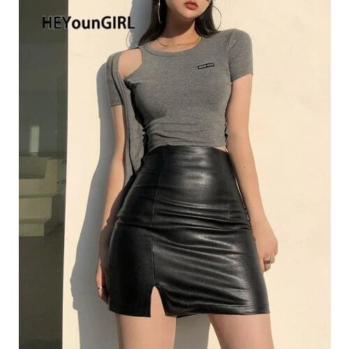 HEYounGIRL Split Black Leather Pu Bodycon Skirt Ladies Korean High Waisted Mini Skirts Womens Casual Skinny Fashion Streetwear