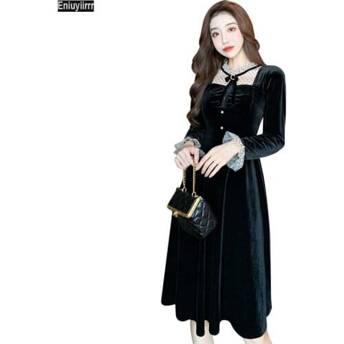 Women 2021 New Year Winter Spring Patchwork Sexy Sheer Mesh Dot French Black Long Elegant Party Velvet Shirt Dress