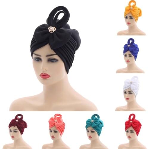 Women Hats Multilayer Bowknot Pearl Decoration Ladies Headscarves African Wedding Muslim Headscarves Hats