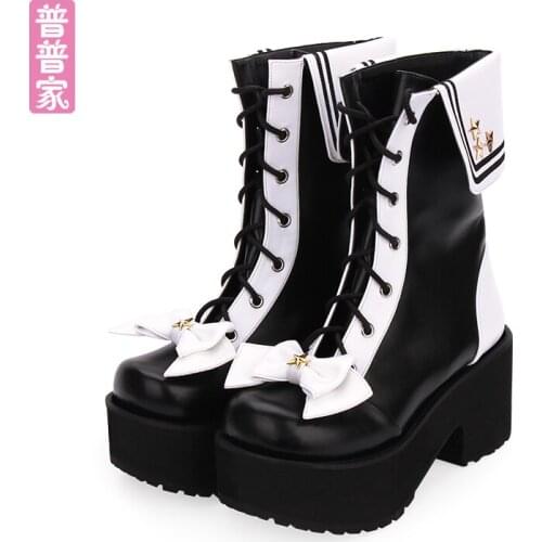 Princess sweet punk shoes College wind Lolita boots winter round nose Lapel embroidered heavy sponge Navy boots women pu903