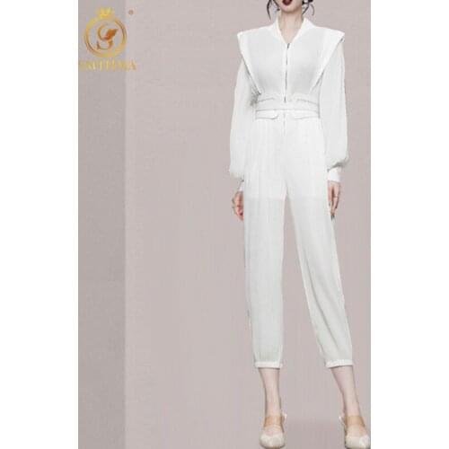 SMTHMA New Office Women Casual Jumpsuit With Belt Female Long Sleeve High Waist Solid Long Playsuit Romper комбинезон женский