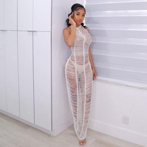 Women Long Dresses Knitted Backless Sheer Off Shoulder Sexy Birthday Party Beachwear Outfits Night Club