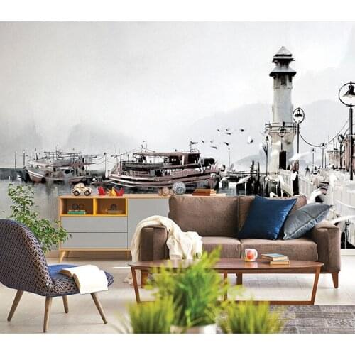 3D/8d Vintage Hand-painted European wharf wall paper Mural Background Wallpapers Lighthouse Wallpaper Bedroom Living Room