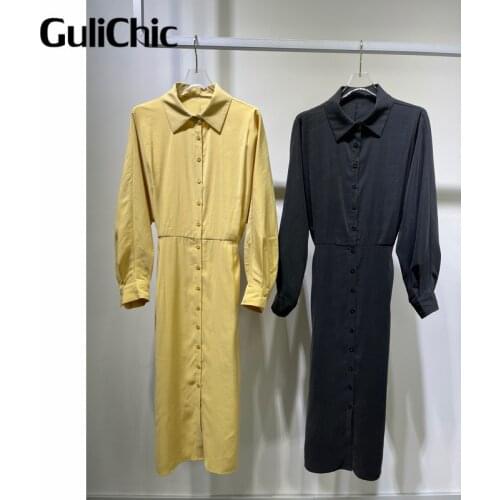 9.2 GuliChic High Quality Women Fashion Solid Color Turn Down Collar Long Sleeve Single Breasted Cotton Slim Long Dress