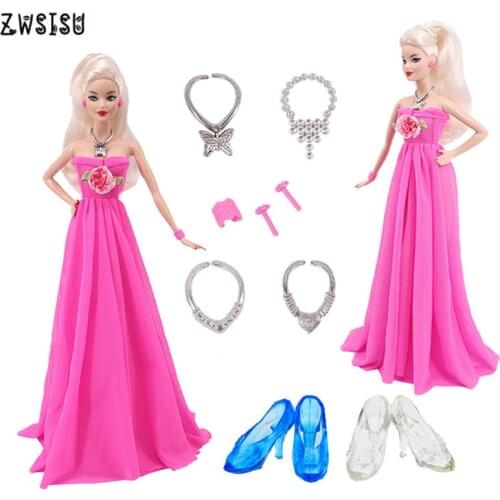 Doll Clothes Accessories 9 Pcs/Set=1 Wedding Dress+4 Necklaces+Earrings+1 Bracelet+2 Crystal Shoes For Barbies Party Girl`s Toy
