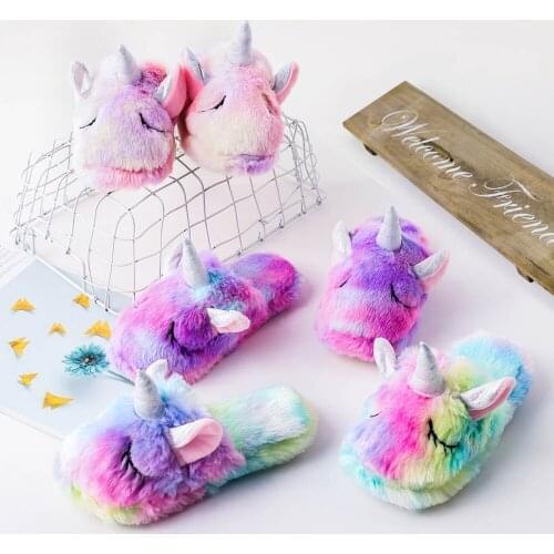 Kids Winter Cotton Shoes Cute Cartoon Colorful Unicorn Slippers Casual Warm House Shoes Girls Plush Slides Furry Flip Flops