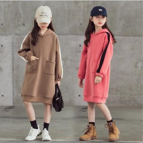 Children Autumn Winter Cotton Velvet Girls Dress Children Long Sleeve Pure Color Loose Dresses Children Girls Warm Hooded Dress