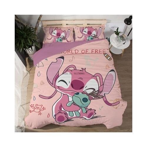 Disney Stitch Angel Cute Cartoon Pattern Blue Pink Bedding Set Duvet Cover Pillowcase Children Adult Couple Bedroom Decor