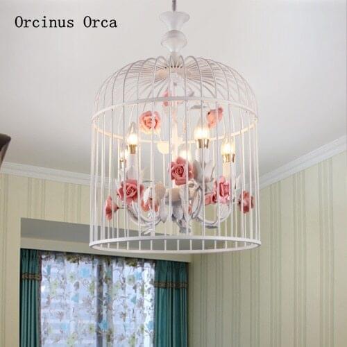 Korean rural rose chandelier living room dining room bedroom creative iron birdcage flowers Chandelier