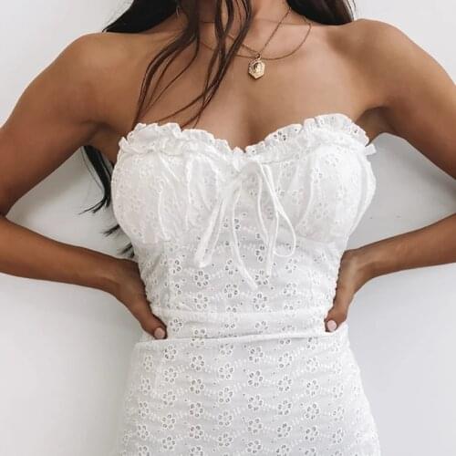 Summer Strapless Dress Women Solid Cotton Hollow Out Sexy Dress Bodycon White Shirring Pleated High Waist Mini Party Dress 2021