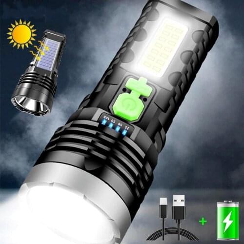 50000LM Solar LED Flashlight USB Charging Multifunctional Flashlight Waterproof Torch Built-in Battery Hand Light Camping Light