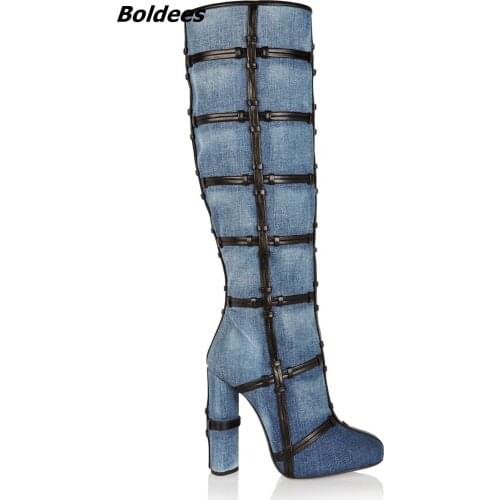 Trendy Designer Blue Jeans Block Keen High Boots Women Classy Denim PU Patchwork Round Toe Long Boots Chunky Heel Knee High Shoe