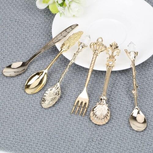 HILIFE Spoon and Fork Set Royal Antique 6 Pieces/set for Coffee Tea Milk Dessert Fruit Flower Carved Vintage Royal Style