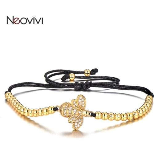 Neovivi Cute Animal Zircon Bee Bead Macrame Bracelets Women Jewelry Metal Beads Adjustable Link Braiding Bangles DIY Female Gift