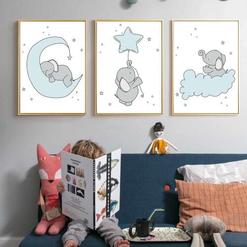 Nordic Simple Cartoon Small Elephant Art Painting Boy & Girl Baby Room Home Decoration Animal Painting Nursery Poster Frameless