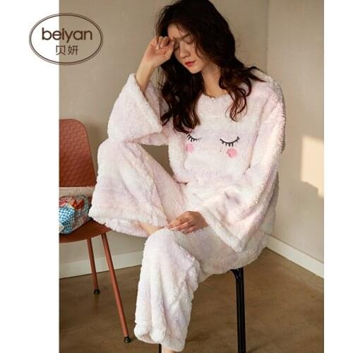 Winter Coral Velvet Womens Pajamas Lovely Females Thickened Homewar Warm Suit