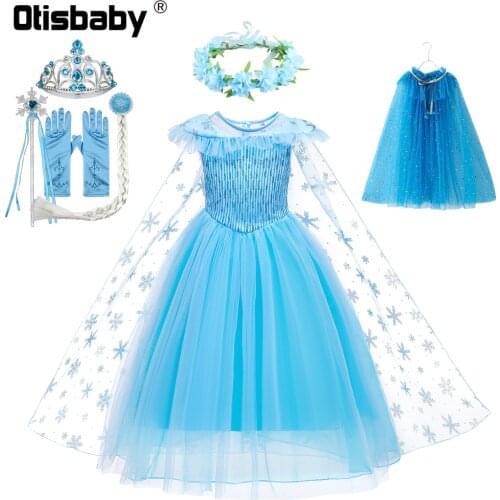 Snow Queen Christmas Girls Elsa Dress Light Blue Tulle Lace Sequin Dresses Fancy Fairy Elsa Anna Carnival Costume Kids New Year