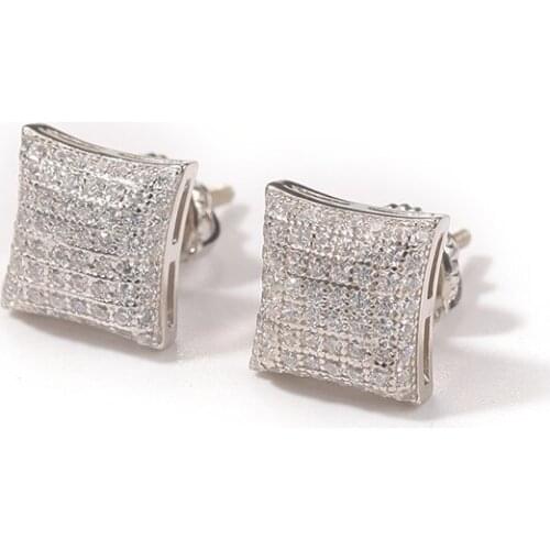 1Pair S925 Sterling Silver Sqaure Stud Earrings AAA CZ Stone Paved Bling Ice Out Hip Hop Earrings for Women Men Unisex Jewelry