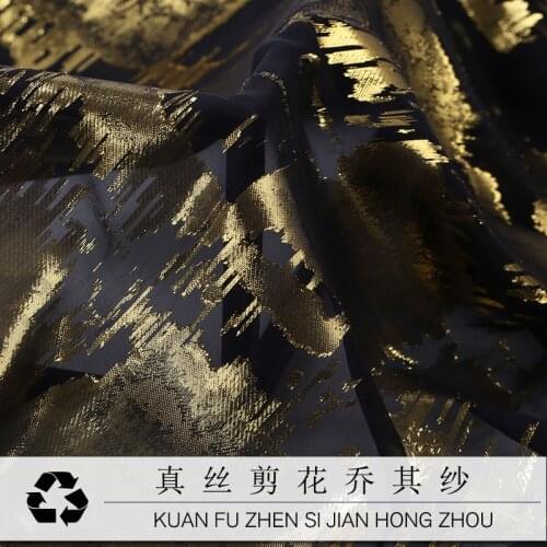 Wide Gold Thread Cut Flower Georgette Fabric Silk Catwalk Fashion Formal One-Piece Dress Fabric