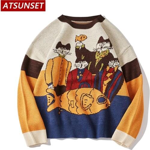 ATSUNSET Cartoon Cat Demon Embroidery Sweater Harajuku Retro Style Knitted Sweater Autumn And Winter Cotton Pullover Top