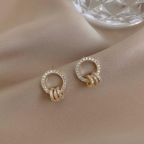 Korean hot selling fashion jewelry simple round 14K real gold earrings luxury full crystal womens prom party earrings