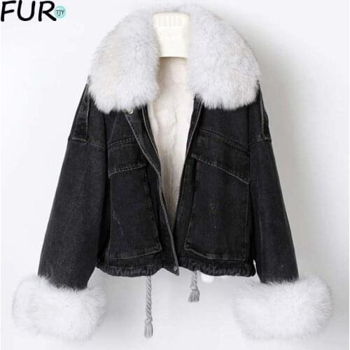 2020 Natural Fox Fox Collar Rex Rabbit Fur Liner Thick Warm Denim Jacket Streetwear Winter Short Jacket Women Real Fur Coat Park