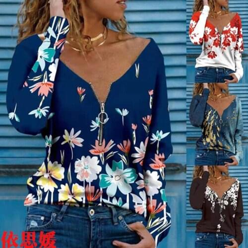 New Autumn Women V Neck Zipper Floral Print Long Sleeve T-shirts Casual Loose Fashion Plus Size 2021 Elegant Pullover Shirt Tops