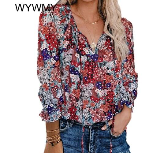 WYWMY Summer Chiffon Shirt Women Blouses Floral Print V-neck Long Sleeve T-shirt Femme Blusas Fashion Loose Casual Pullover Tops
