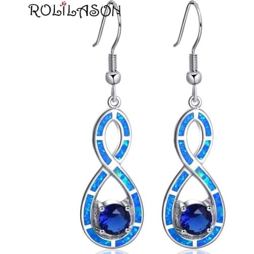 ROLILASON Drop Earrings 925 Silver blue zircon Symbol Shape Desgin Surprise beautiful prom gift for Women Fashion Jewelry OE705