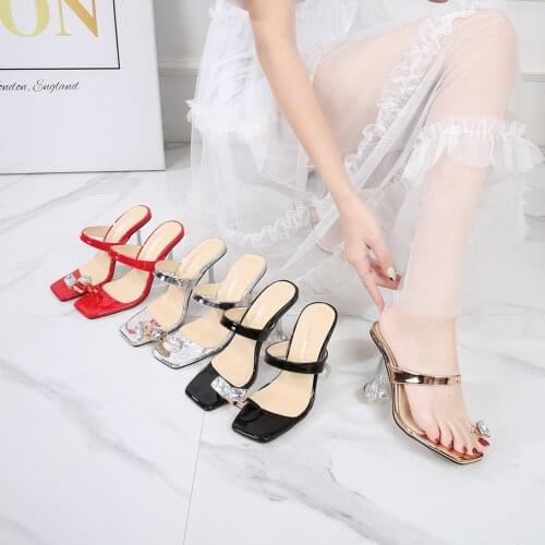 Rhinestone Clip Toe Women Slippers Clear High Heels Open Female Slides CRYSTAL Cup Heel Narrow Band Ladies Sandals Summer 2021