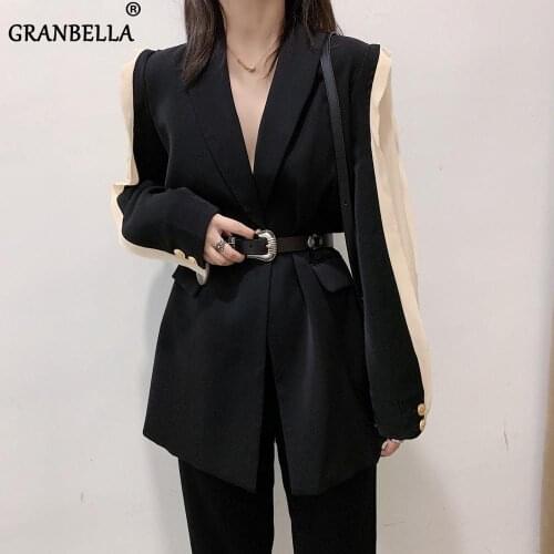 Luxury Designing European High Street Women Formal Leisure Black Patchwork Blazers with Belt Elegant Office Lady Outerwear