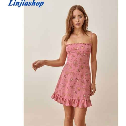 Za Women French Retro Sweet Small Floral Print Slim Dress Sleeveless Backless Female Ruffle Sundress