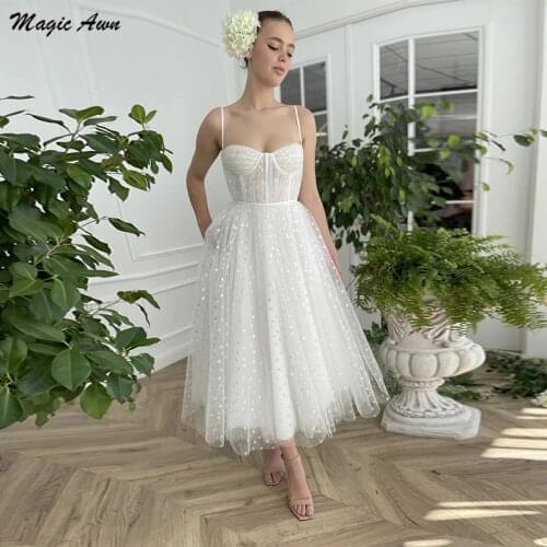 Magic Awn White Tea-Length Prom Dresses Hearty Tulle Spaghetti Straps Evening Party Gowns Pockets Illusion Graduation Gowns 2021
