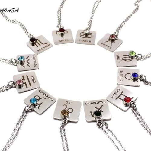 12 Zodiac Constellation Signs Pendant Necklace Crystal Birthstone Necklace Women Friend Birthday Gift Stainless Steel Jewelry