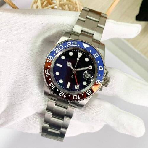 40mm Blue / orange luxury mens Automatic GMT sapphire glass sliding buckle stainless steel watch band ceramic frame
