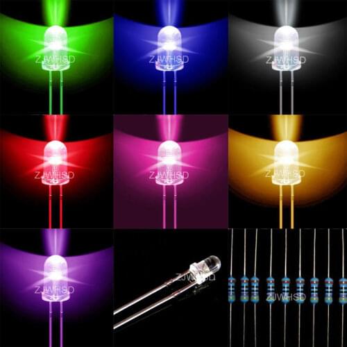 70 X 5mm Mixed Red Green Blue Yellow Purple Pink White LED Light 90 Metal Resistor Free Shipping