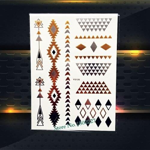 Flash Gold Brown Metallic Tattoo Indian Arrow Grid Triangle Jewelry Design 21x15Cm Waterproof Temporary Fake Tattoo Stickers