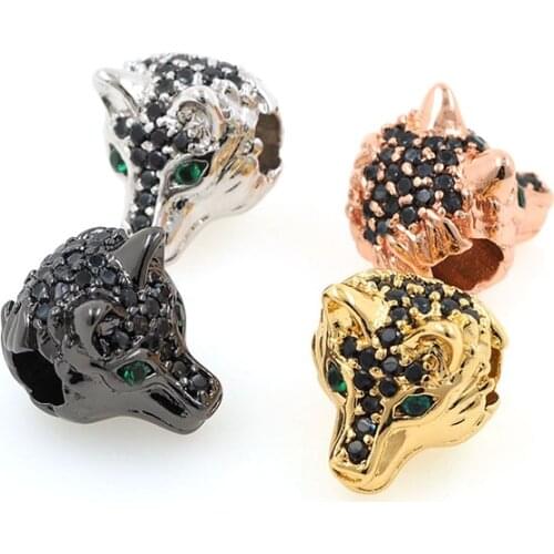 CZ Micro Pave Gold Wolf Head Spacer Beads for Jewelry Necklace Bracelet DIY Making 15x12x13MM